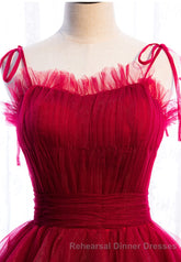 A-Line Long Spaghetti Strap Red Semi Formal Prom Dresses,Black Layers Tulle Evening Dress